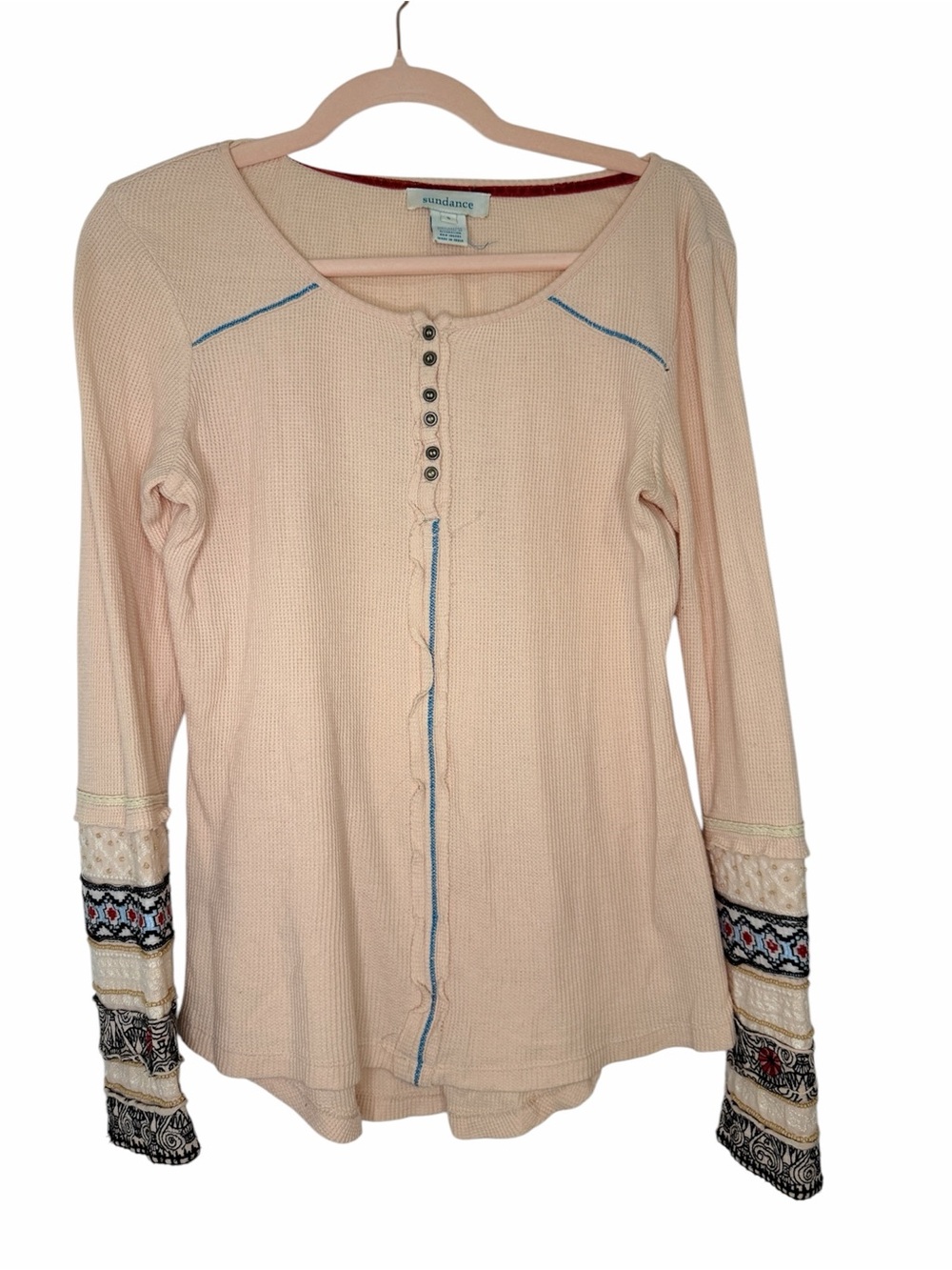 Sundance Peach Waffle Knit Beaded Henley Top- S- MSRP $118- RARE